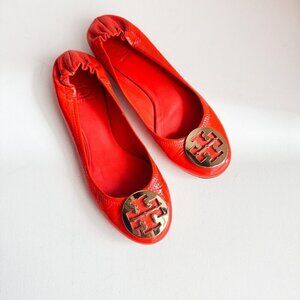 Tory Burch REVA Bright Orange Patent Leather Classic Flats 9